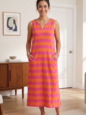 Foil Sleeveless Pink and Orange Striped Midi Dress - As Is